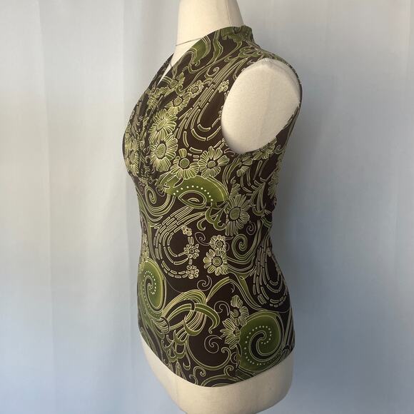 Y2K Tank Top Size Large L Brown Green Floral Empire Waist Babydoll Stretch Boho - Picture 5 of 9